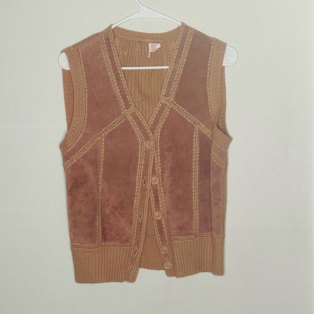 Vintage Genuine Leather Patchwork Acrylic Button Front Vest size Large